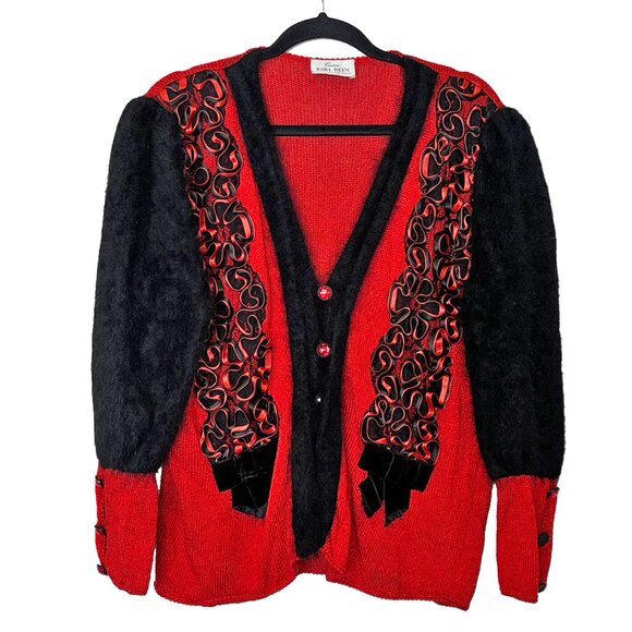 Vintage Karl Bein Cologne Red & Black Cardigan w/ 3D Ribbon Trim - Size M (est.) - Picture 2 of 4